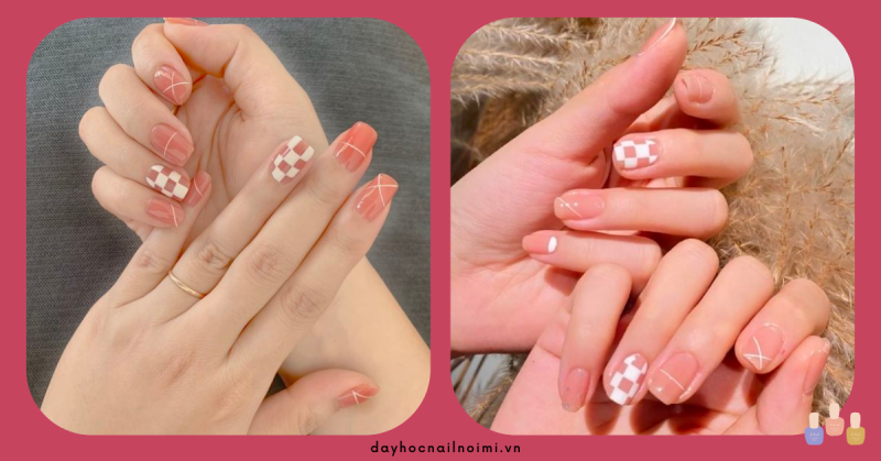 Mẫu nail màu hồng cam kết hợp với hoạ tiết caro trắng hồng cực kì đáng yêu và thanh lịch.