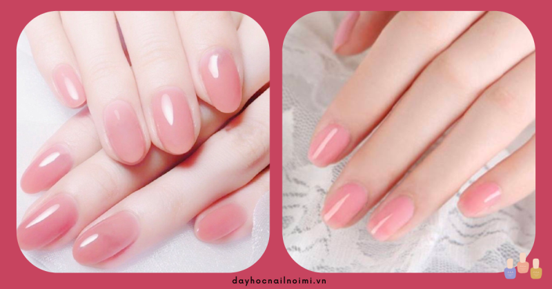 Nail hồng phấn sơn trơn tạo ánh bóng lấp lánh trên đôi bàn tay như những viên kẹo dẻo vị dâu.