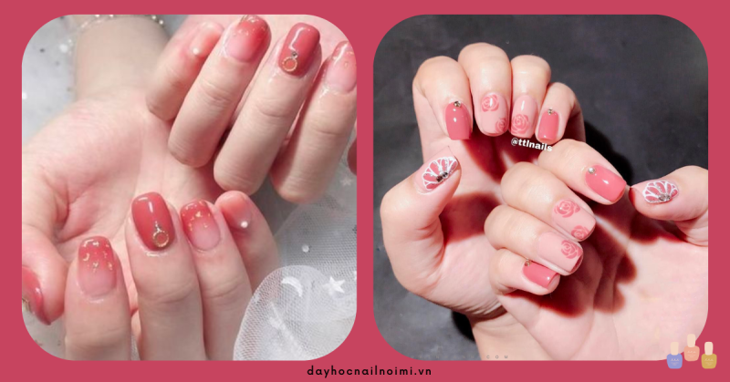 Mẫu nail màu hồng thạch thiết kế kiểu ombre cùng màu hồng nhạt, hay kết hợp với charm vàng cũng rất bắt mắt.