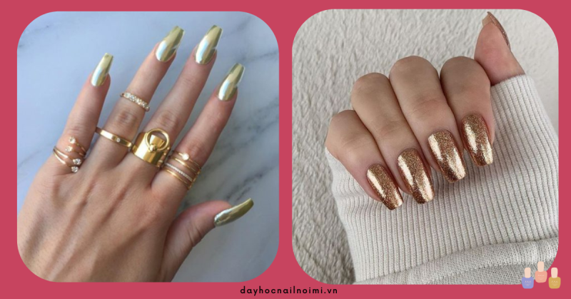 Mẫu nail màu metallic tráng gương vàng là lựa chọn lý tưởng của cô nàng có làn da ngăm