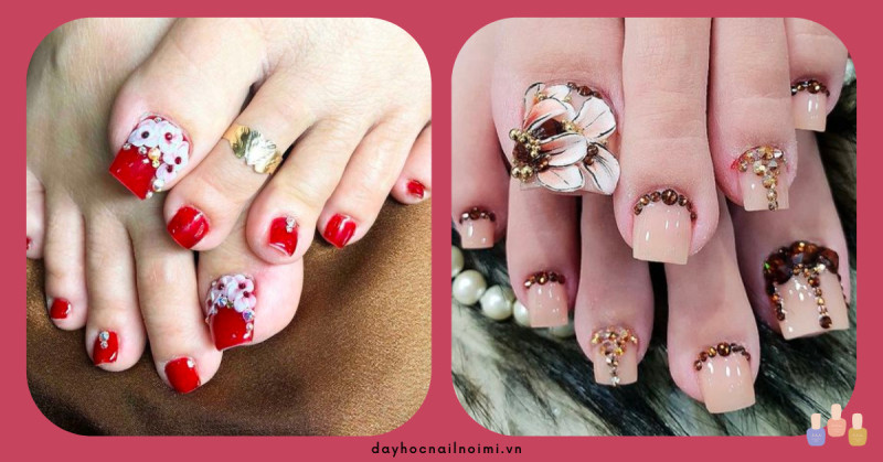 Mẫu móng chân đính đá đắp hoa sang trọng. Đòi hỏi người thợ nail phải khéo léo và có tính thẩm mỹ cao.
